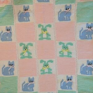 Pastel Baby Blanket Kitty Cat Bunny Teddy Bear Handmade Grandma Knit Animal